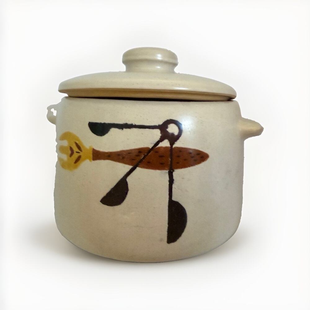 Vintage Mid Century WEST BEND Bean Pot Flour Jar Crock Dish Stoneware 7x7”